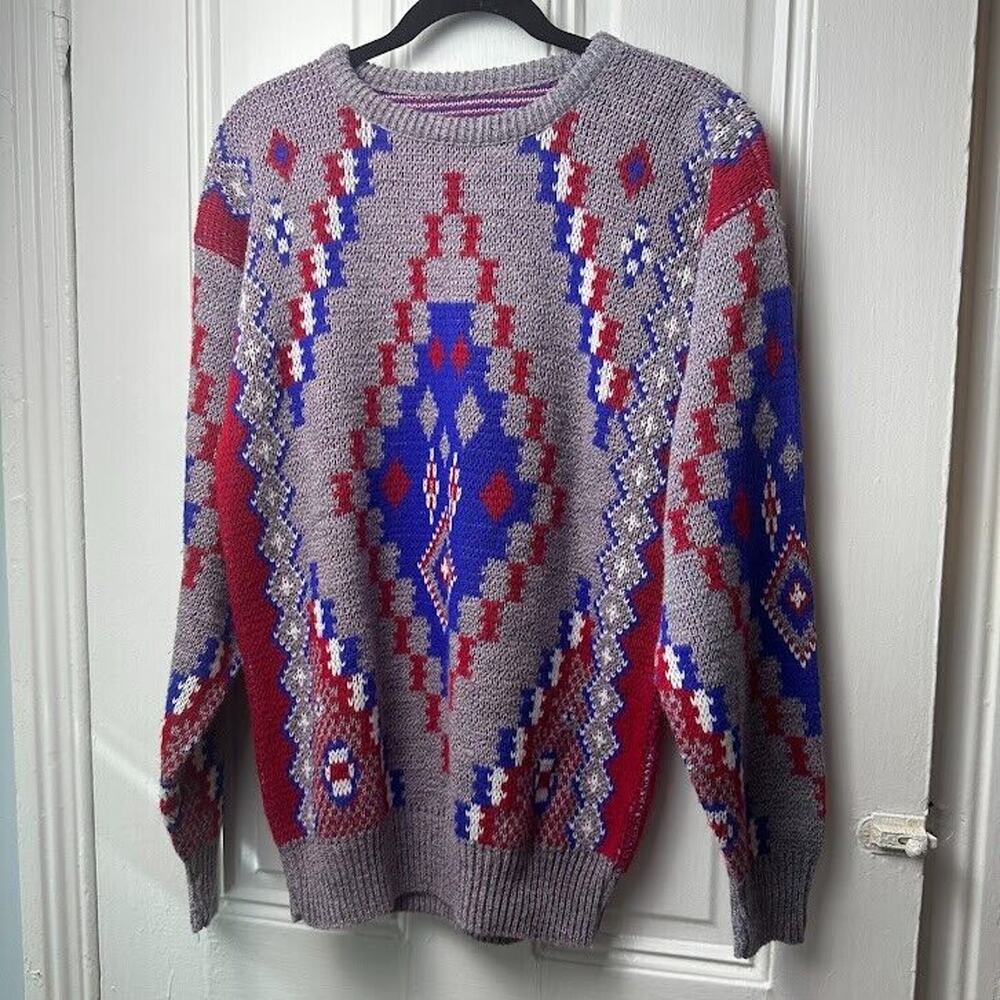 VTG Sweater‎ Womens Geometric Knit Pullover Grandma Preppy Patriotic Fair Isle